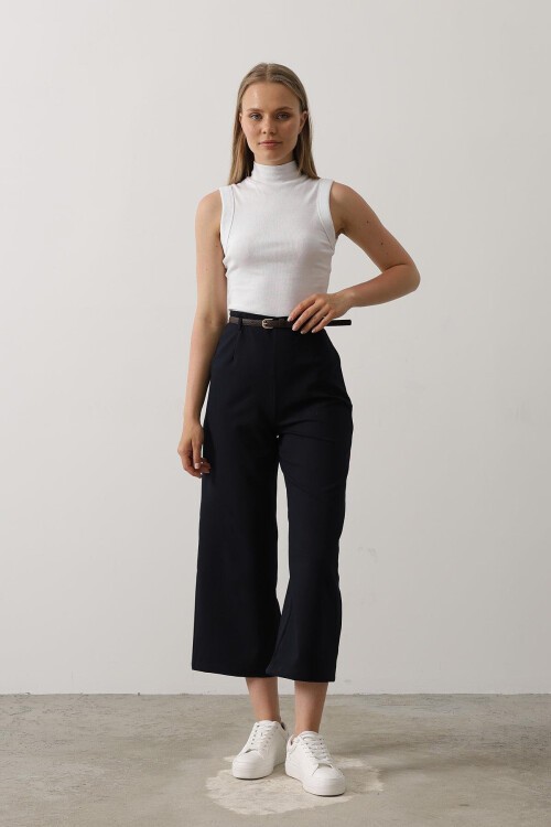 Lacivert Kemerli Pens Detaylı Fermuarlı Pantolon