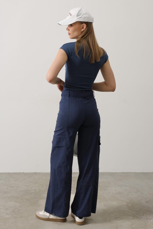 İndigo Kemerli Kargo Cepli Palazzo Pantolon