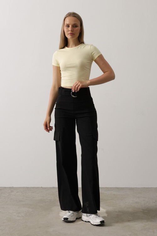 Siyah Kemerli Kargo Cepli Palazzo Pantolon