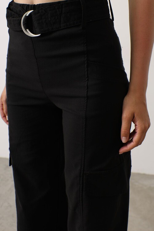 Siyah Kemerli Kargo Cepli Palazzo Pantolon