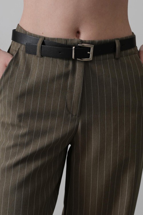 Haki Çift Cepli Kemerli Çizgili Palazzo Pantolon