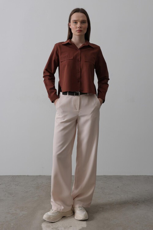 Pudra Çift Cepli Kemerli Palazzo Pantolon