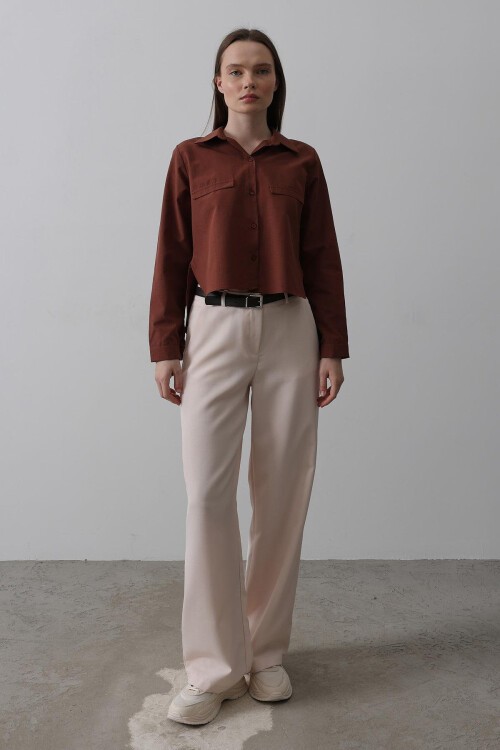 Pudra Çift Cepli Kemerli Palazzo Pantolon