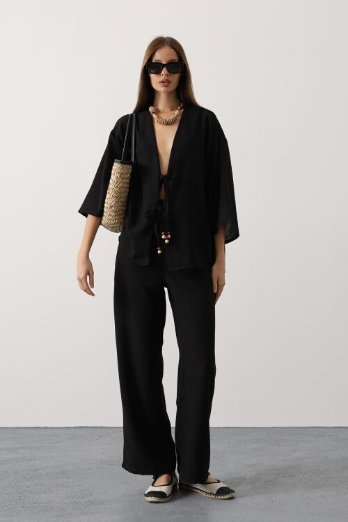 Siyah Bağlama Detaylı Bluz Ve Beli Lastikli Pantolon Keten Takım