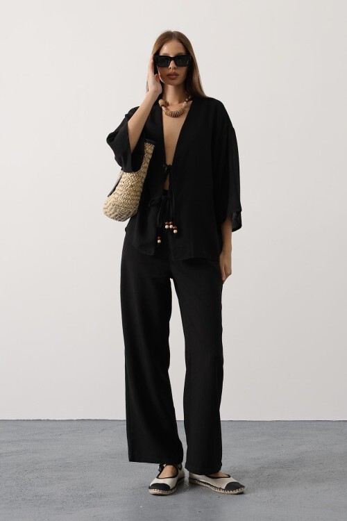 Siyah Bağlama Detaylı Bluz Ve Beli Lastikli Pantolon Keten Takım