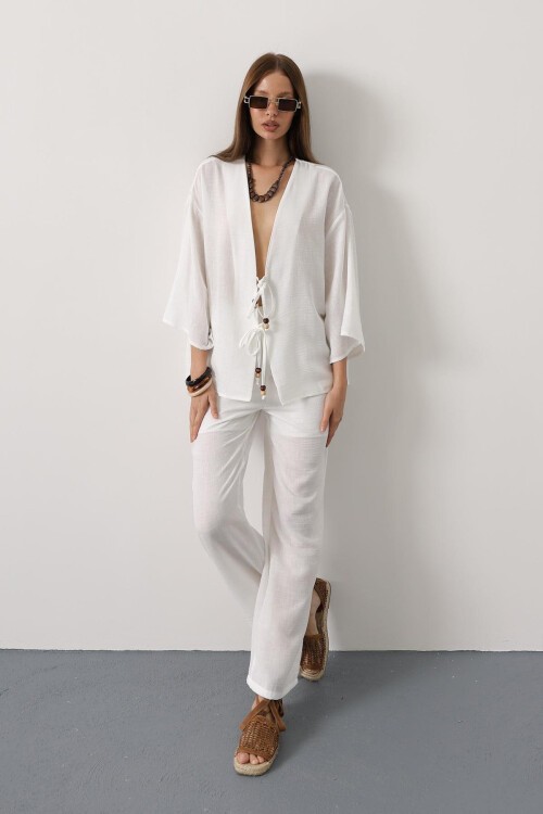 Beyaz Bağlama Detaylı Bluz Ve Beli Lastikli Pantolon Keten Takım
