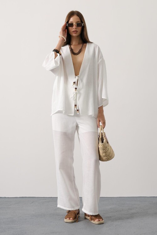 Beyaz Bağlama Detaylı Bluz Ve Beli Lastikli Pantolon Keten Takım
