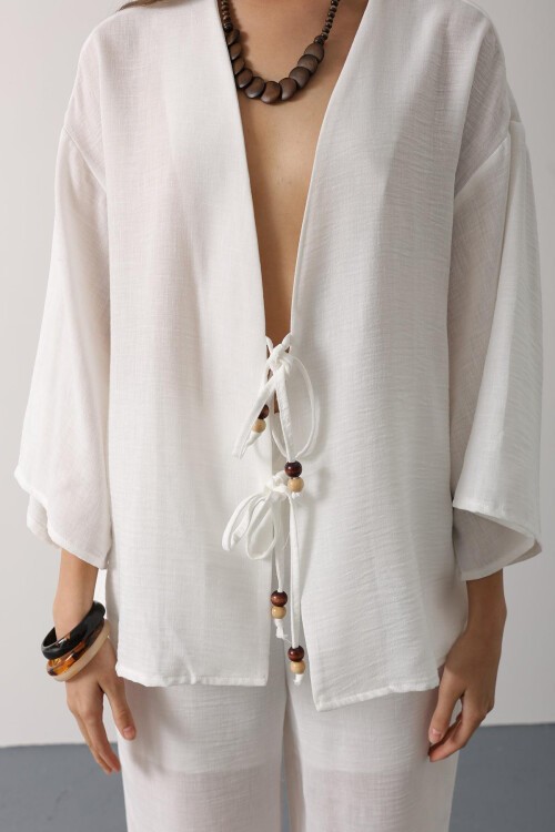 Beyaz Bağlama Detaylı Bluz Ve Beli Lastikli Pantolon Keten Takım