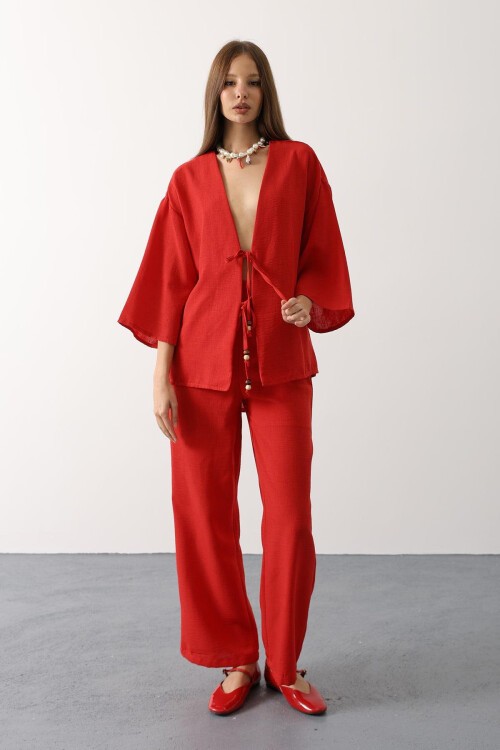 Kırmızı Bağlama Detaylı Bluz Ve Beli Lastikli Pantolon Keten Takım