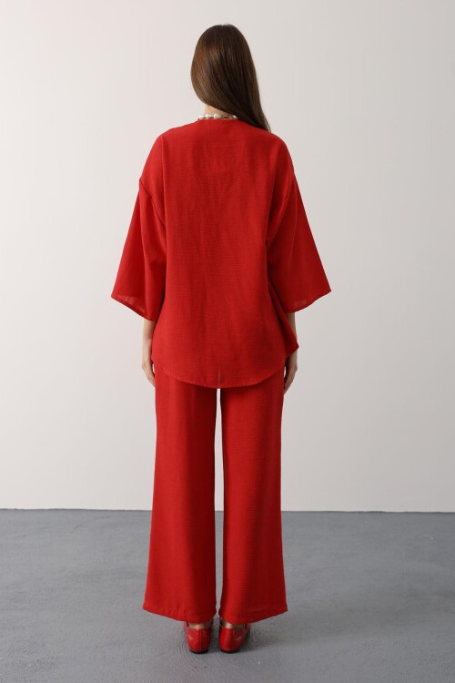 Kırmızı Bağlama Detaylı Bluz Ve Beli Lastikli Pantolon Keten Takım