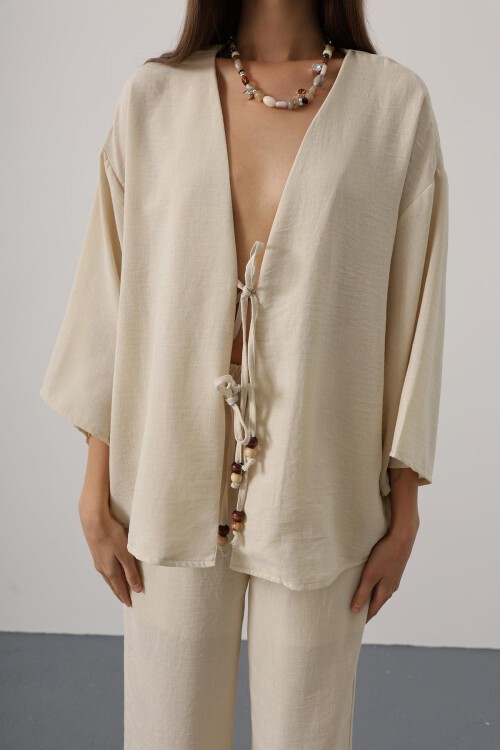 Taş Bağlama Detaylı Bluz Ve Beli Lastikli Pantolon Keten Takım