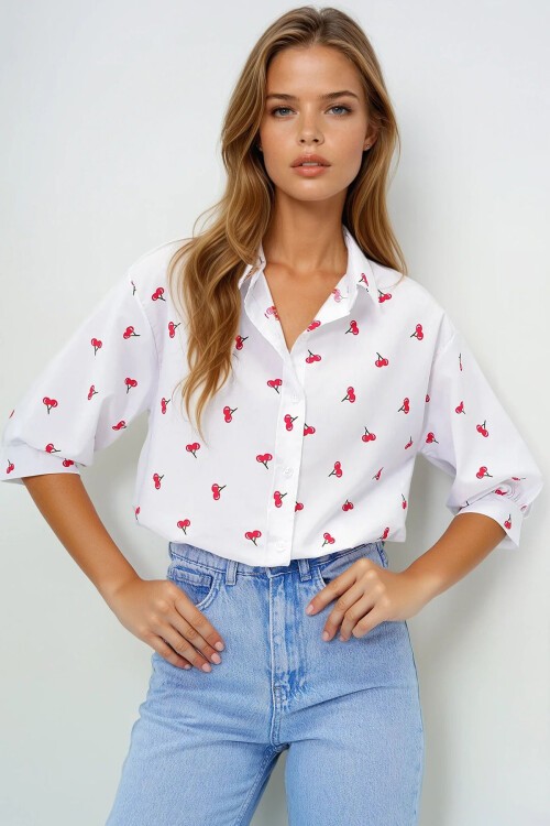 Kırmızı Desenli Desenli Balon Kol Poplin Gömlek
