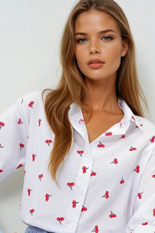 Kırmızı Desenli Desenli Balon Kol Poplin Gömlek
