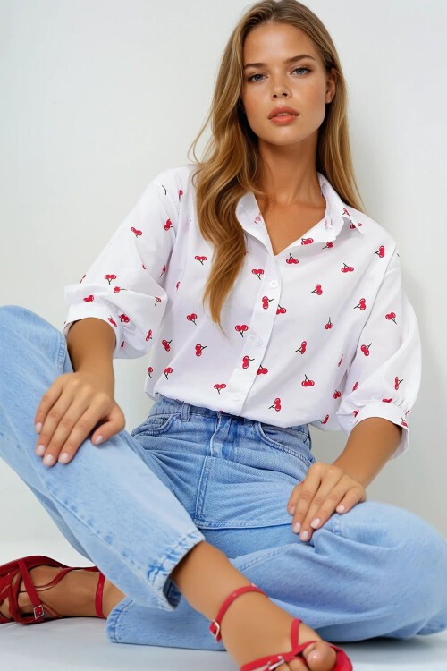 Kırmızı Desenli Desenli Balon Kol Poplin Gömlek
