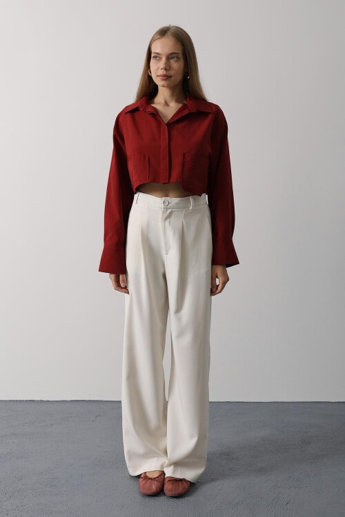 Bordo Çift Cepli Crop Gömlek