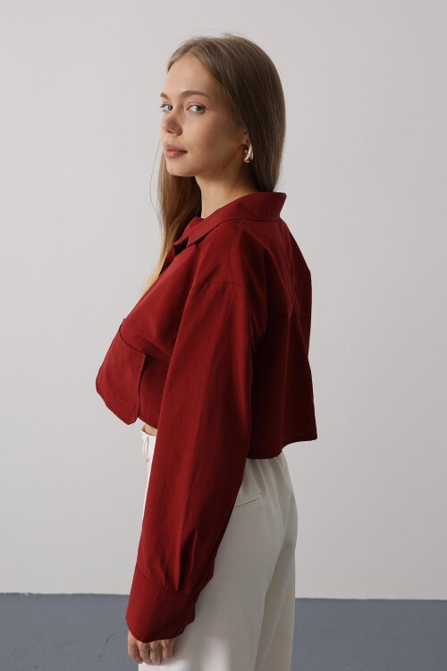 Bordo Çift Cepli Crop Gömlek