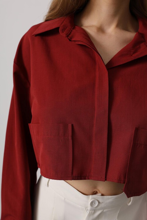 Bordo Çift Cepli Crop Gömlek