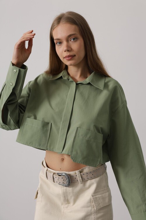 Haki Çift Cepli Crop Gömlek