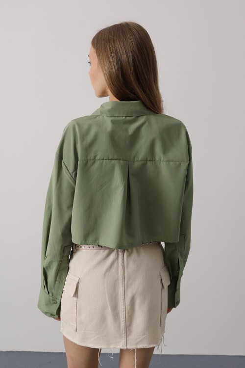 Haki Çift Cepli Crop Gömlek