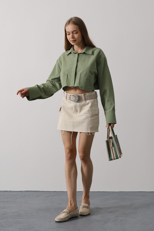 Haki Çift Cepli Crop Gömlek