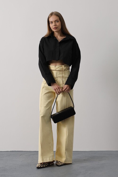 Siyah Çift Cepli Crop Gömlek