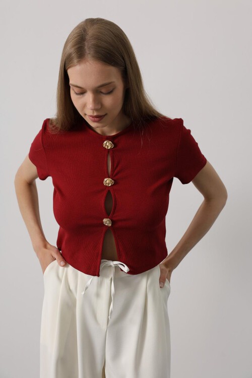 Bordo Bisiklet Yaka Düğme Aksesuarlı Bluz