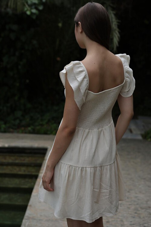 Ekru Dantel İşlemeli Kolları Fırfırlı Mini Boy Elbise