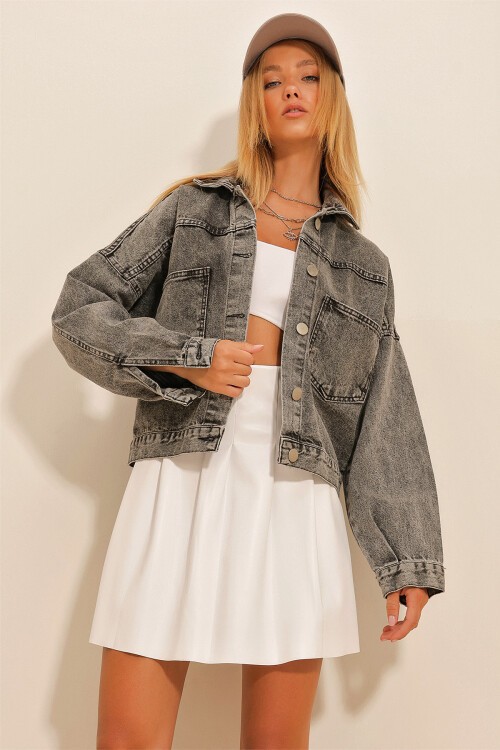 Koyu Gri Crop Denım Ceket
