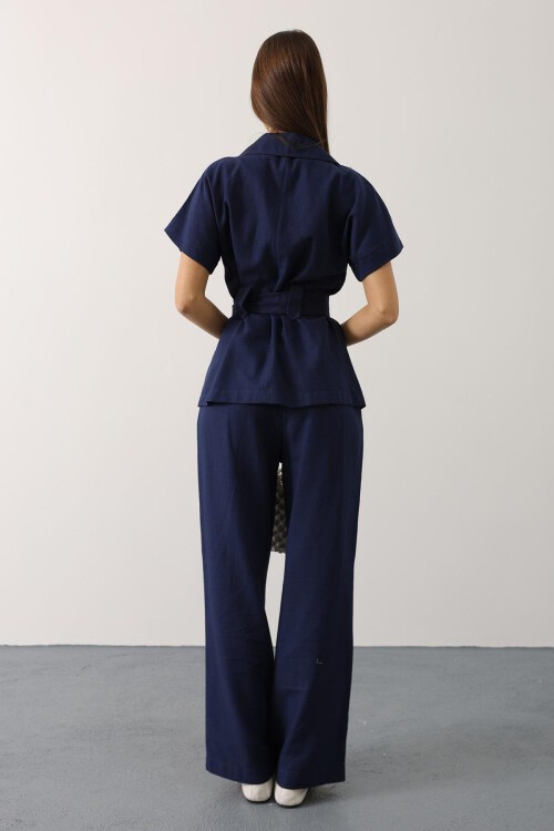 Lacivert Kuşaklı Cep Detaylı Pantolon Takım