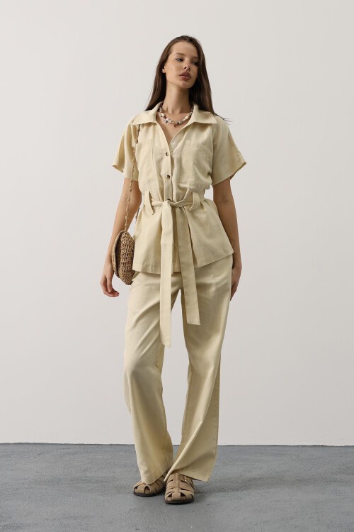 Ekru Kuşaklı Cep Detaylı Pantolon Takım