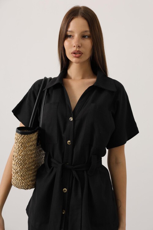 Siyah Kuşaklı Cep Detaylı Pantolon Takım