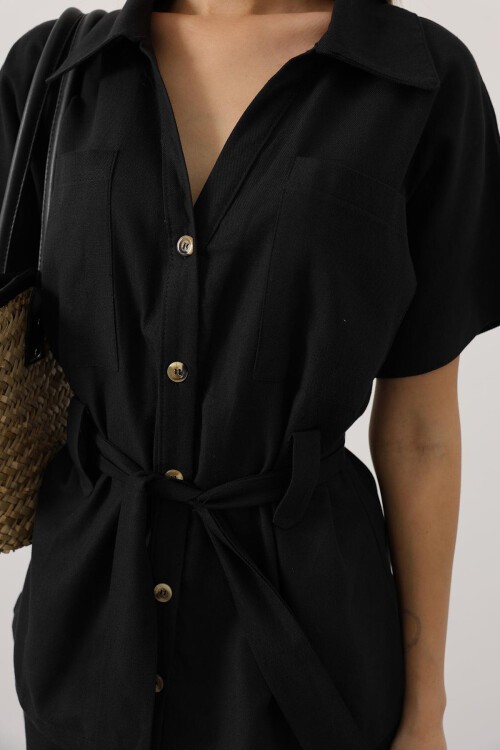 Siyah Kuşaklı Cep Detaylı Pantolon Takım