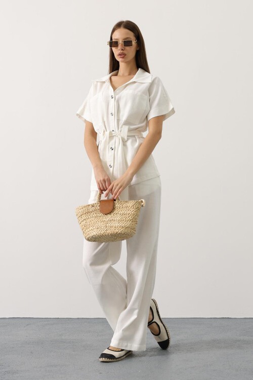 Beyaz Kuşaklı Cep Detaylı Pantolon Takım