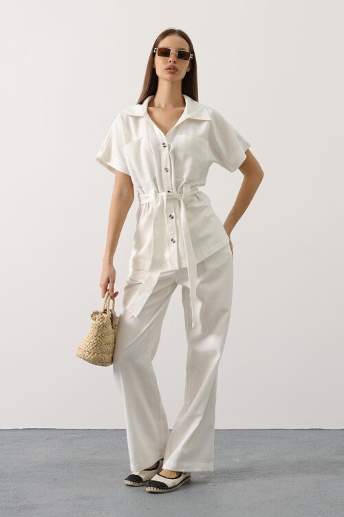 Beyaz Kuşaklı Cep Detaylı Pantolon Takım