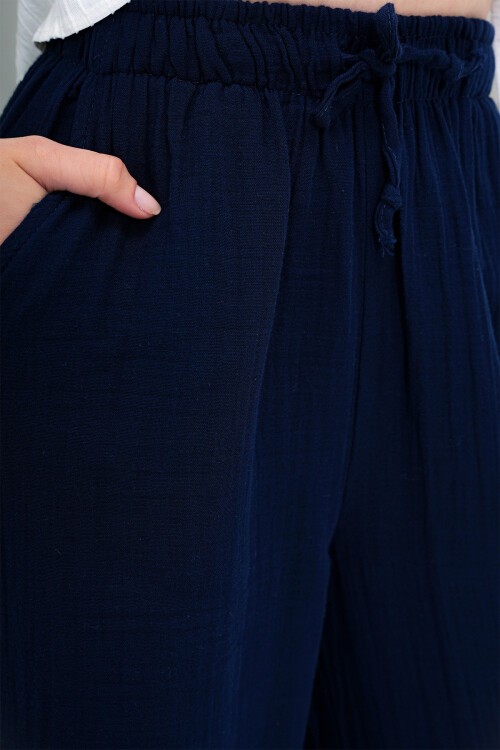 Lacivert Çift Cepli Beli Lastikli Müslin Keten Pantolon