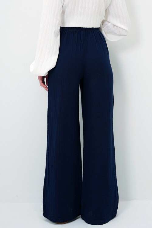 Lacivert Çift Cepli Beli Lastikli Müslin Keten Pantolon