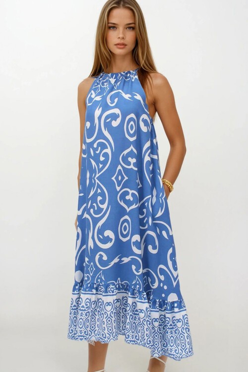 Mavi Desenli  Bağlamalı Eteği Fileli Maxi Boy Çift Cepli Elbise Elbise