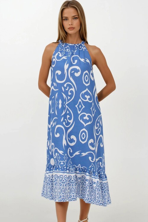 Mavi Desenli  Bağlamalı Eteği Fileli Maxi Boy Çift Cepli Elbise Elbise