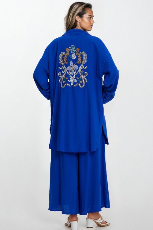 Mavi Nakışlı Yırtmaç Detaylı Kimono Ve Pantolon Büyük Beden Alt Üst Takım