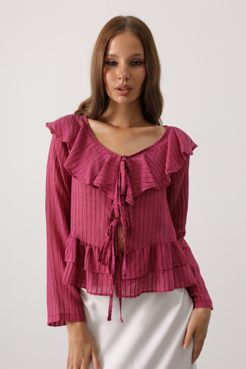 Vişne Fırfırlı Bağlama Detaylı Uzun Kol Bluz