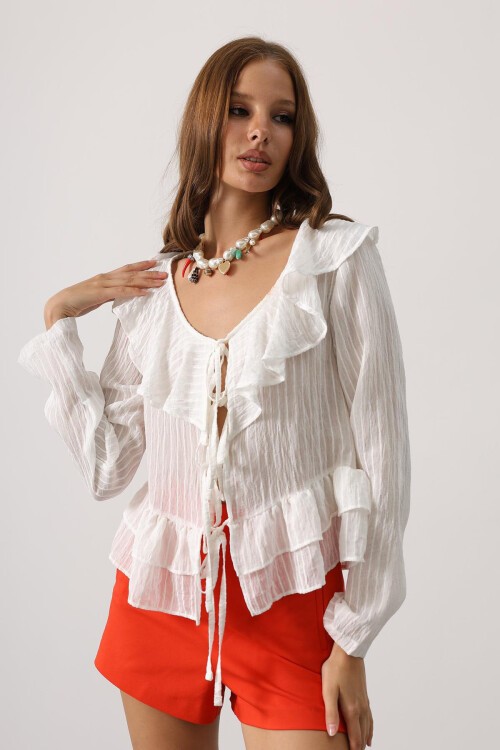 Beyaz Fırfırlı Bağlama Detaylı Uzun Kol Bluz