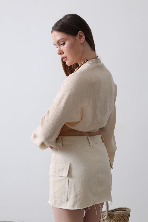 Bej Önü Bağlama Detaylı Uzun Kollu Bluz