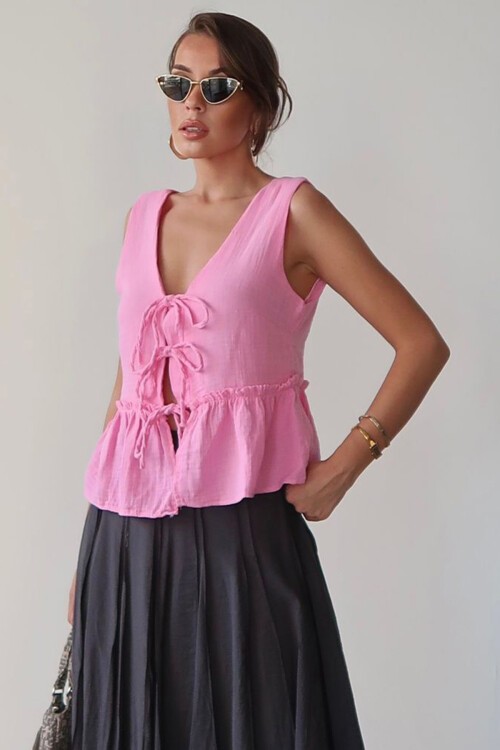 Pembe V Yaka Önü Bağcıklı Keten Bluz