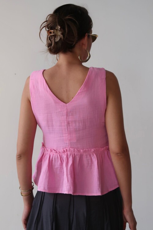 Pembe V Yaka Önü Bağcıklı Keten Bluz