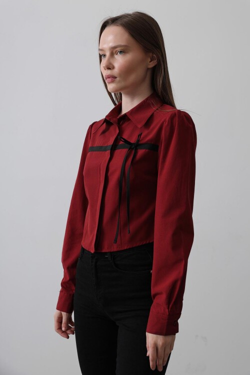 Bordo Önü Kontrast Fiyonklu Gömlek