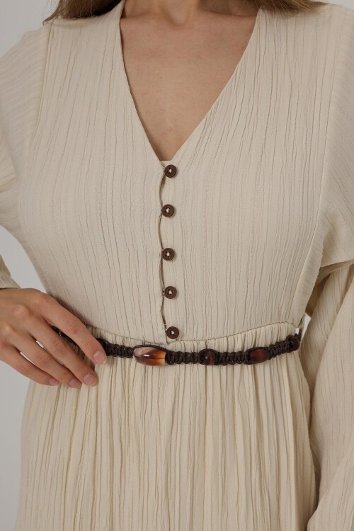 Taş Önü Yarım Düğmeli Uzun Kol Kemerli Elbise