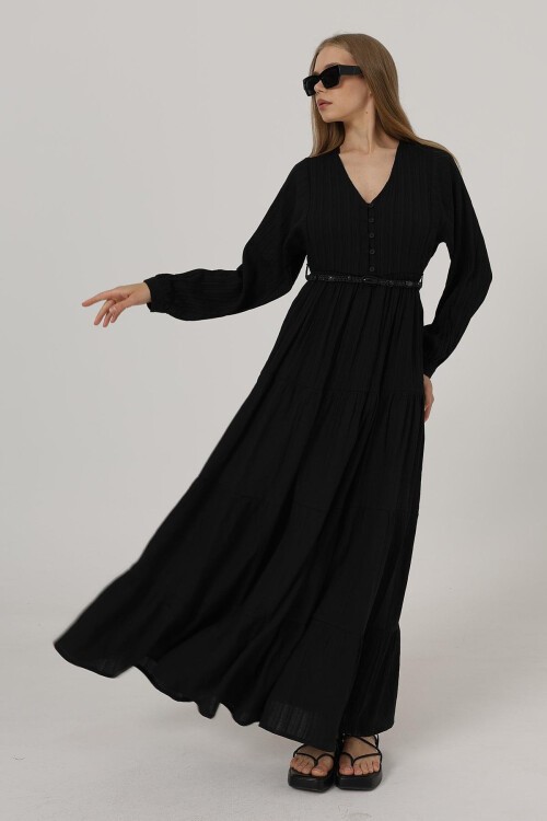 Siyah Önü Yarım Düğmeli Uzun Kol Kemerli Elbise