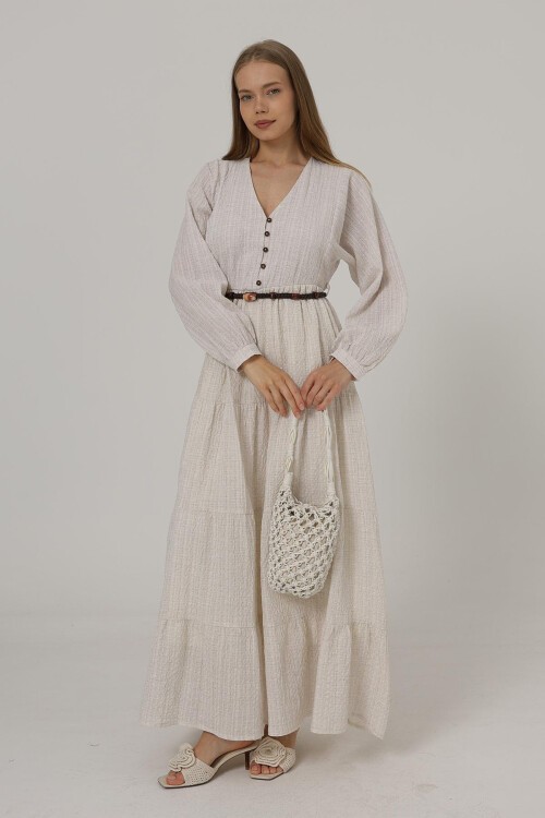 Krem Önü Yarım Düğmeli Uzun Kol Kemerli Elbise