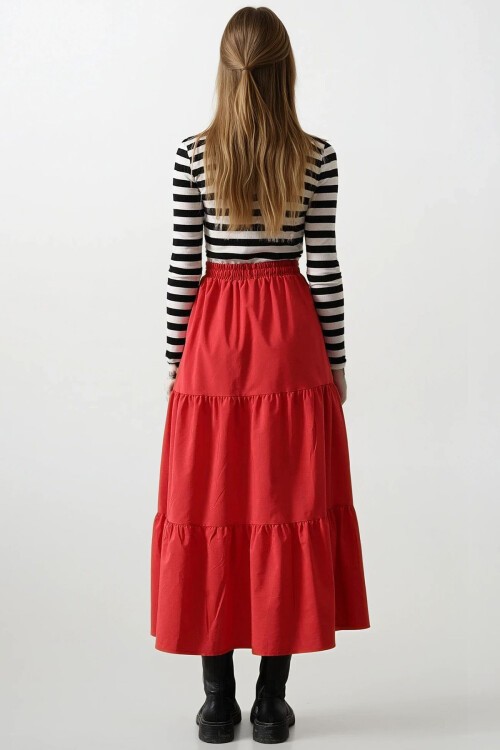 Kırmızı Bağcıklı Beli Lastikli Fırfırlı Maxi Boy Etek