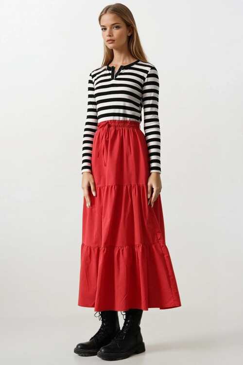 Kırmızı Bağcıklı Beli Lastikli Fırfırlı Maxi Boy Etek